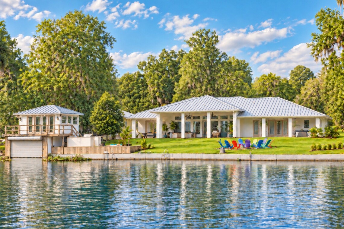 The Retreat riverfront home and boathouse viewed from Rainbow River